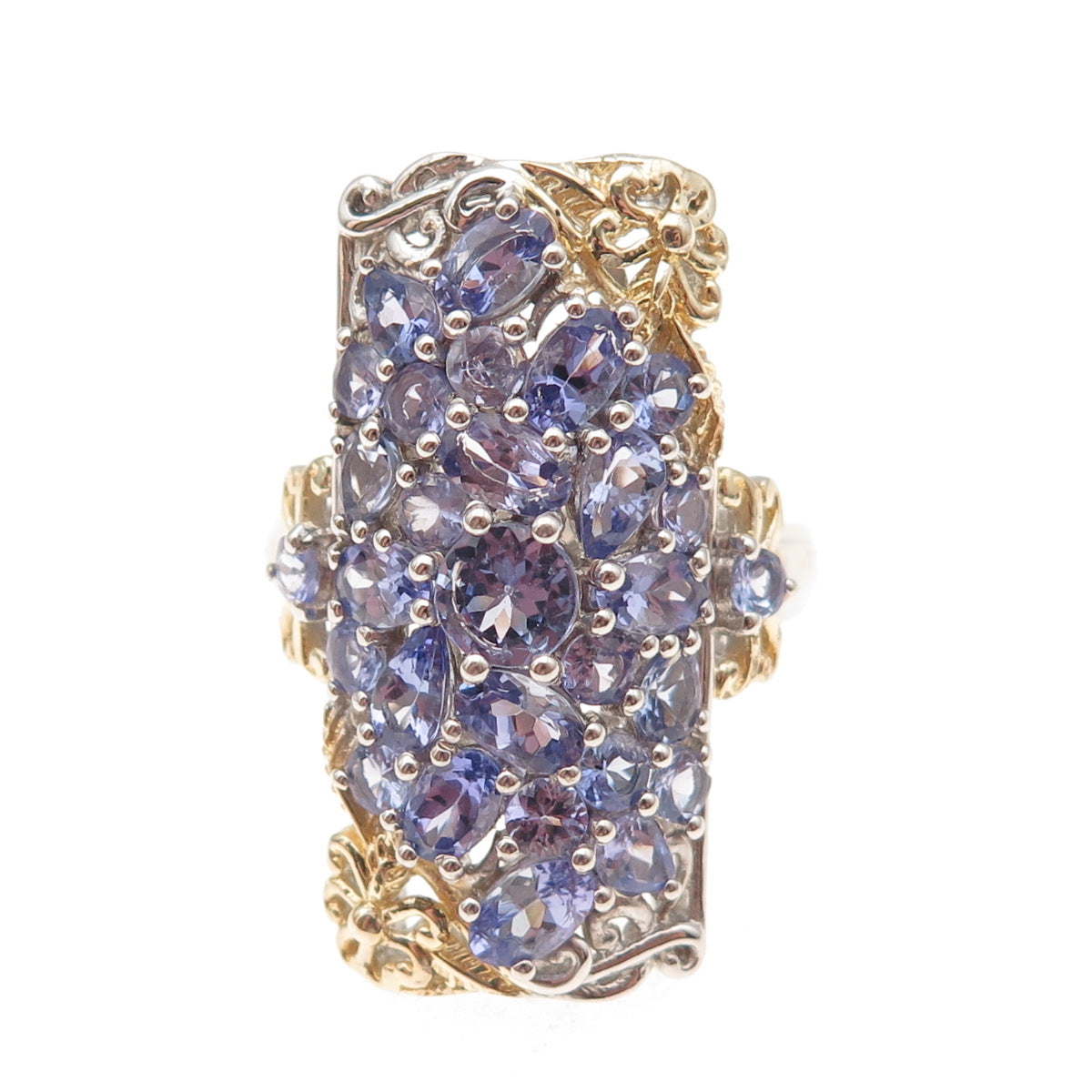 Chuck Clemency 925 Sterling Silver 2-Tone Real Tanzanite Floral Ring Size 8