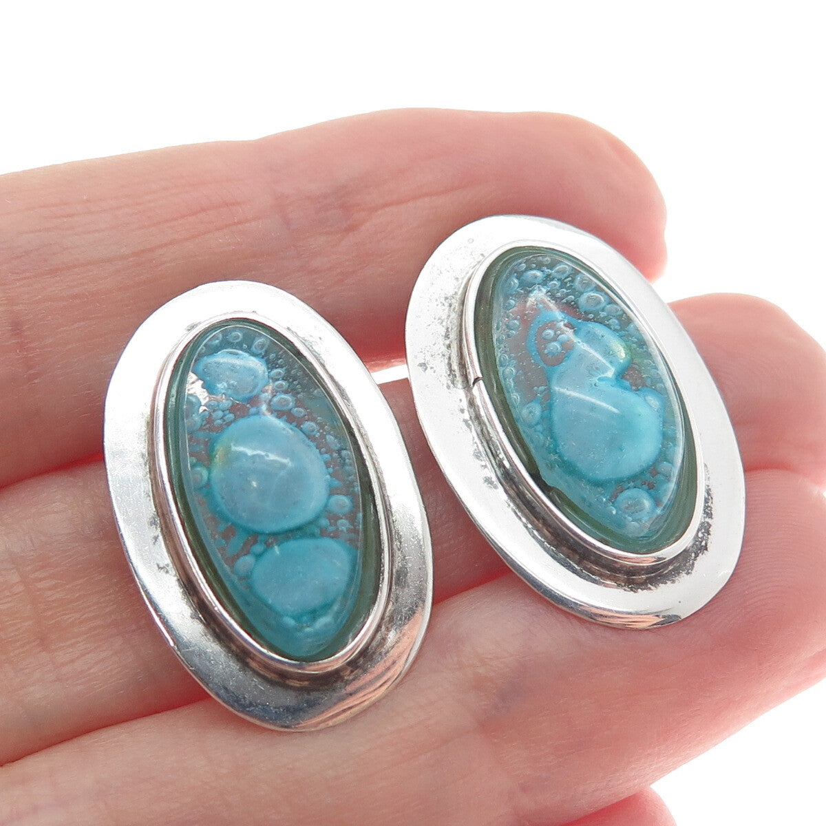 925 Sterling Silver Vintage Aqua Bubble Glass Modernist Earrings