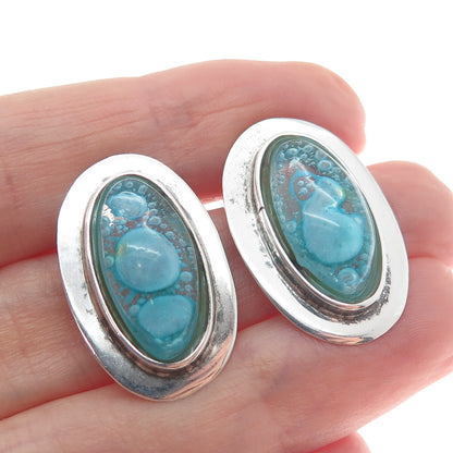 925 Sterling Silver Vintage Aqua Bubble Glass Modernist Earrings