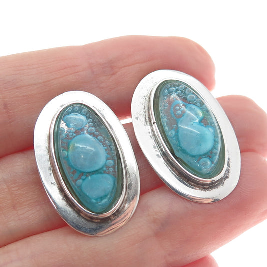 925 Sterling Silver Vintage Aqua Bubble Glass Modernist Earrings