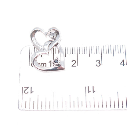 925 Sterling Silver Real Round-Cut Diamond Couple Heart Slide Charm Pendant