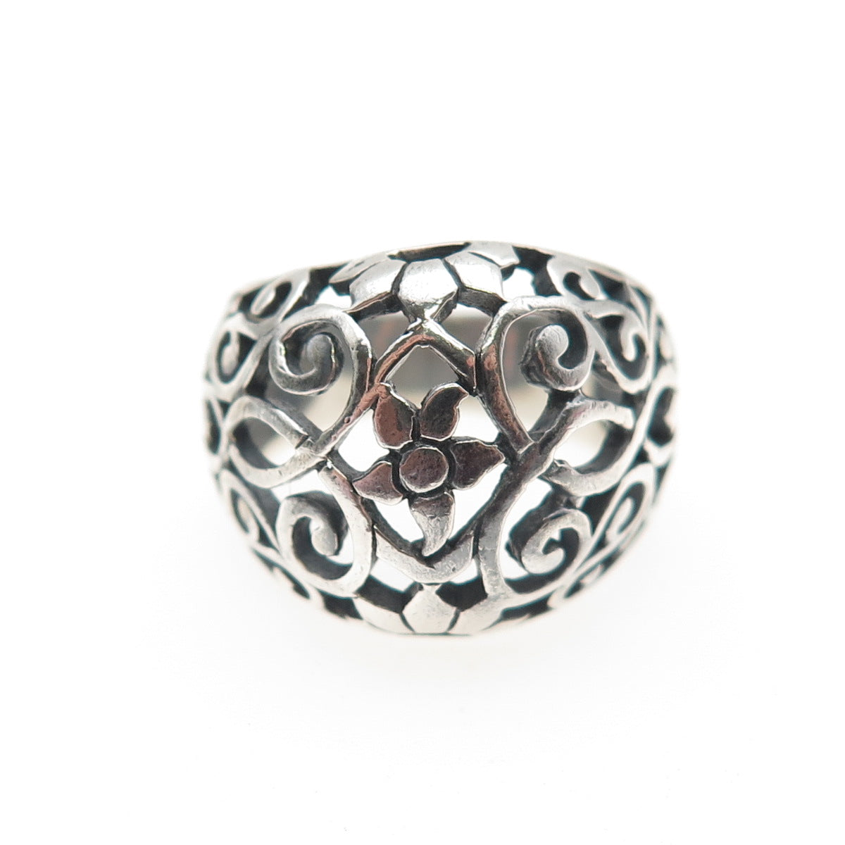 925 Sterling Silver Vintage Flower Dome Oxidized Ring Size 5.5