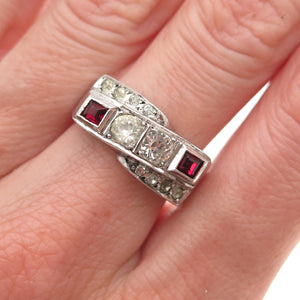 800 Silver Antique Art Deco France White & Red Rhinestone Ring Size 6.25