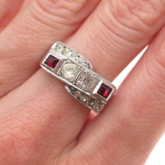 800 Silver Antique Art Deco France White & Red Rhinestone Ring Size 6.25