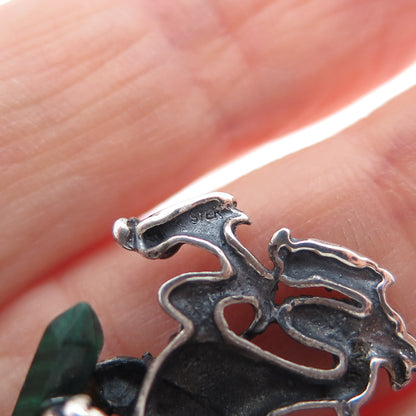 925 Sterling Silver Vintage Real Malachite Royal Lion Slide Charm Pendant