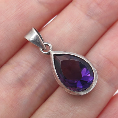925 Sterling Silver Vintage Real Pear-Cut Amethyst Dotted Minimalist Pendant