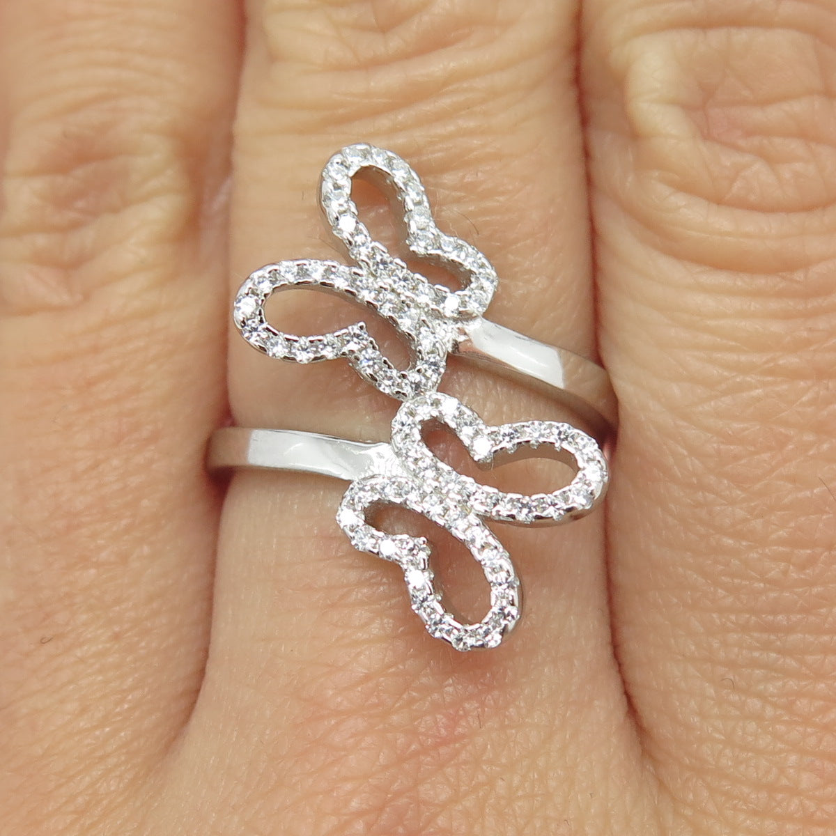 925 Sterling Silver Pave C Z Couple of Butterfly Ring Size 8