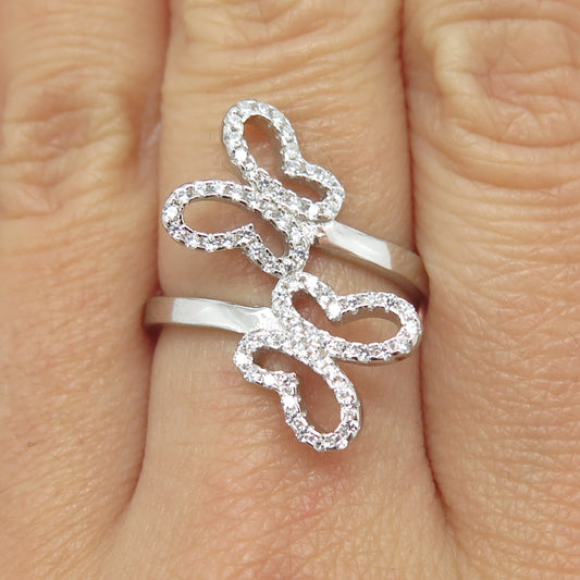 925 Sterling Silver Pave C Z Couple of Butterfly Ring Size 8