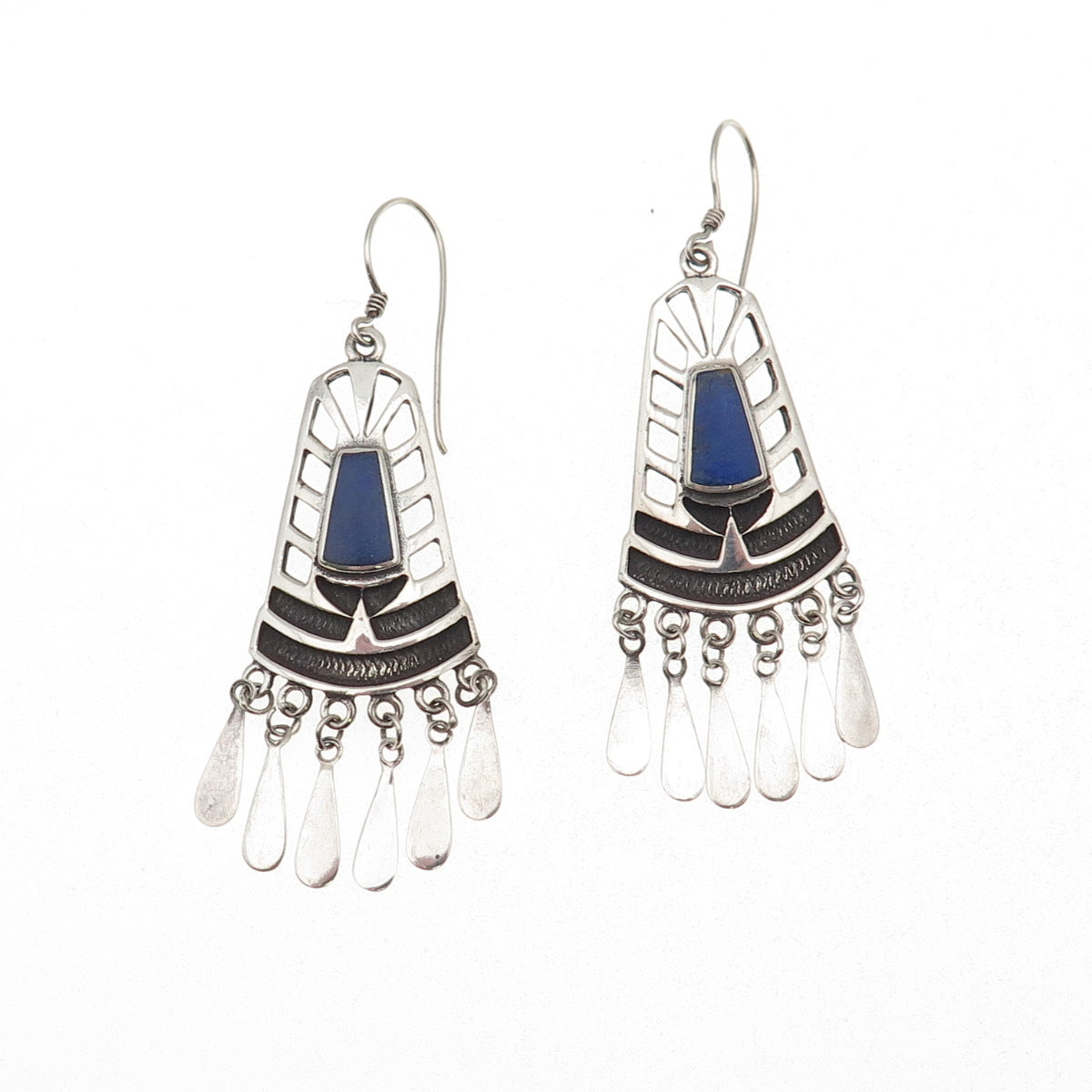 925 Sterling Silver Vintage Real Lapis Modernist Oxidized Dangle Earrings