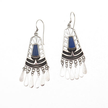 925 Sterling Silver Vintage Real Lapis Modernist Oxidized Dangle Earrings