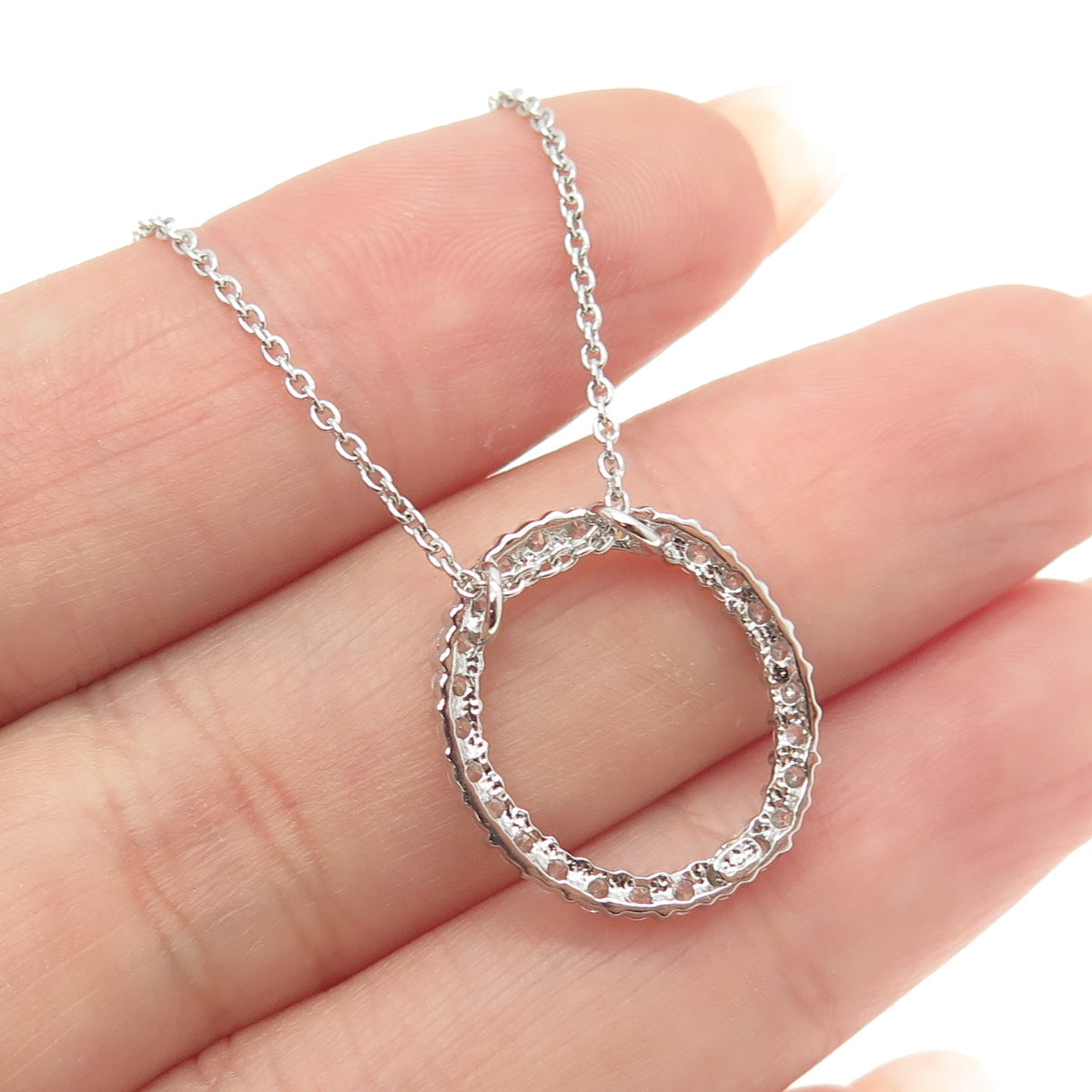 925 Sterling Silver Round-Cut C Z Oval Circle Cable Chain Necklace 16-18"