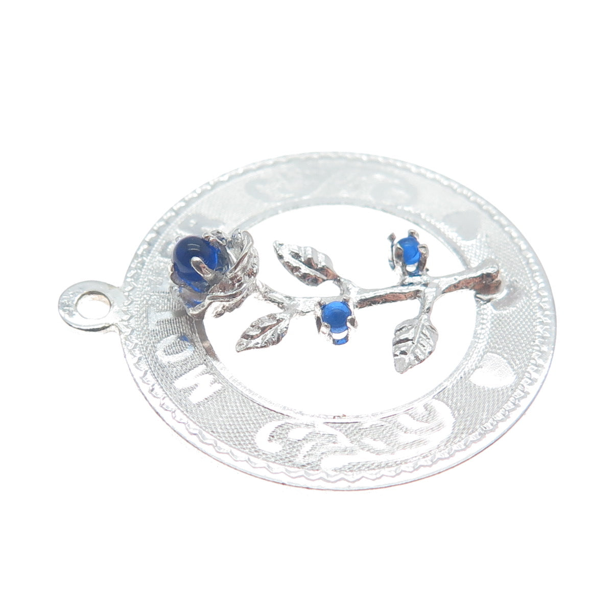 925 Sterling Silver Vintage M&M Blue Rhinestone Mother Rose Charm Pendant