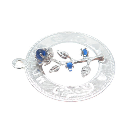 925 Sterling Silver Vintage M&M Blue Rhinestone Mother Rose Charm Pendant