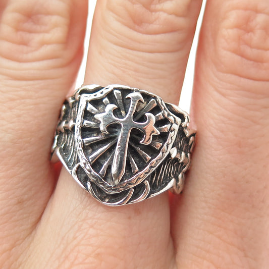 925 Sterling Silver Vintage Knight Sword & Shield Oxidized Ring Size 10