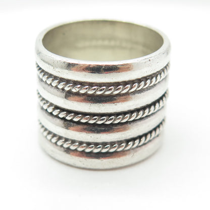 925 Sterling Silver Vintage Mexico Roped Wide Band Ring Size 7.25