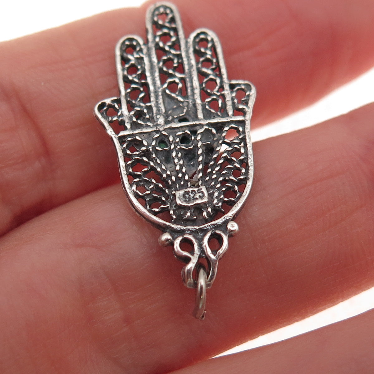 925 Sterling Silver Vintage Real Eilat Hamsa Amulet Oxidized Charm Pendant