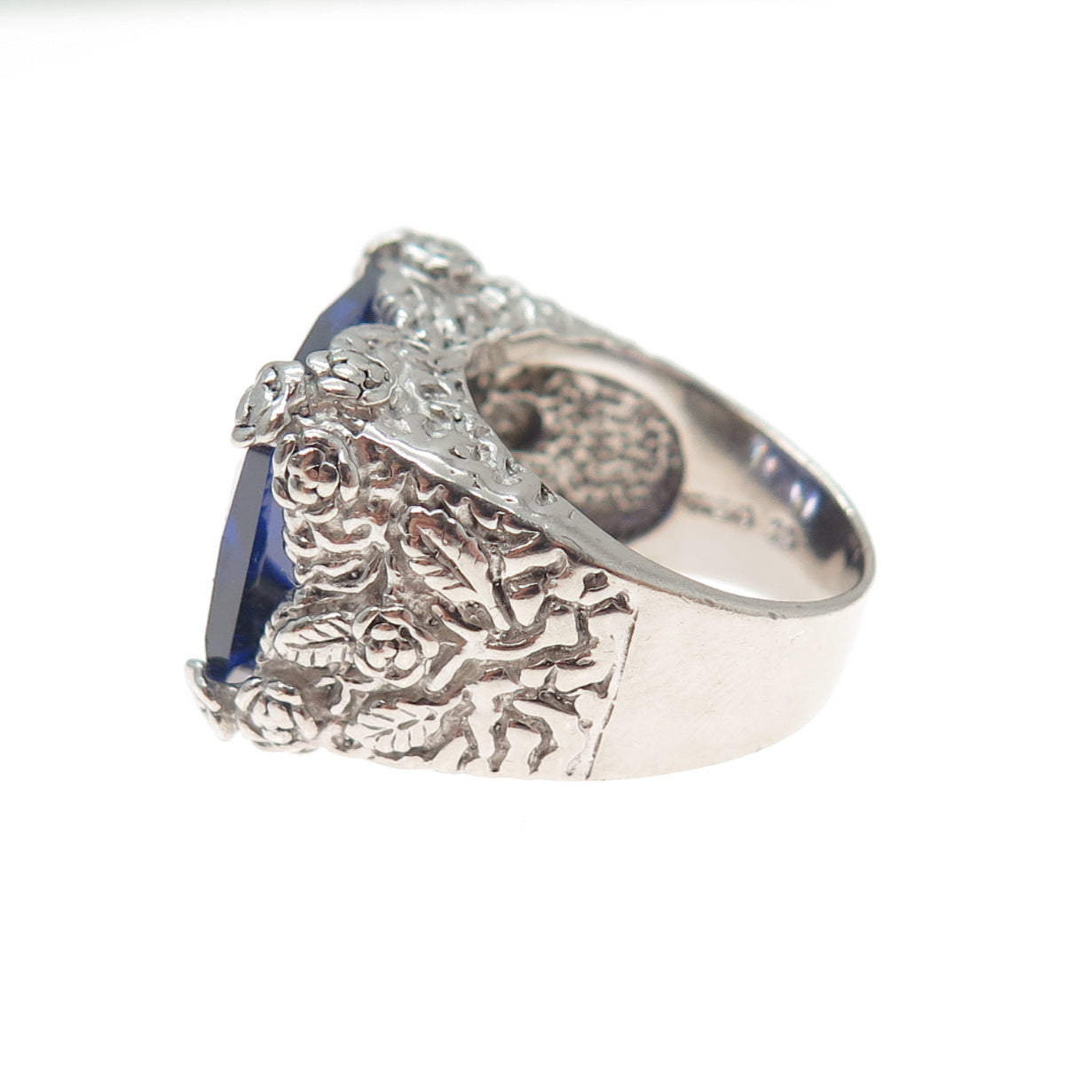 925 Sterling Silver Vintage Blue C Z Rose Flower Ring Size 7.25