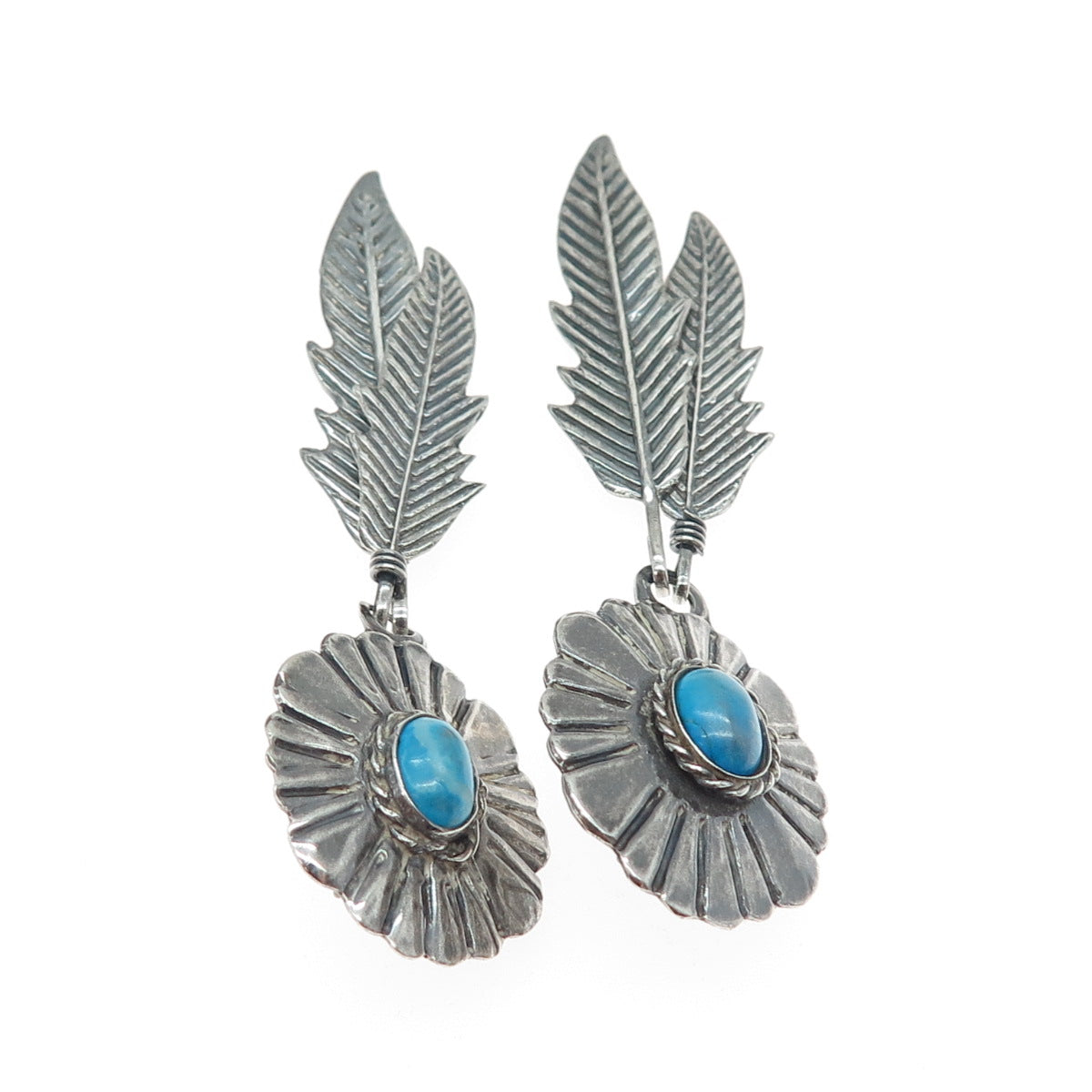 925 Sterling Silver Vintage Mexico Real Turquoise Feather Oxidized Earrings