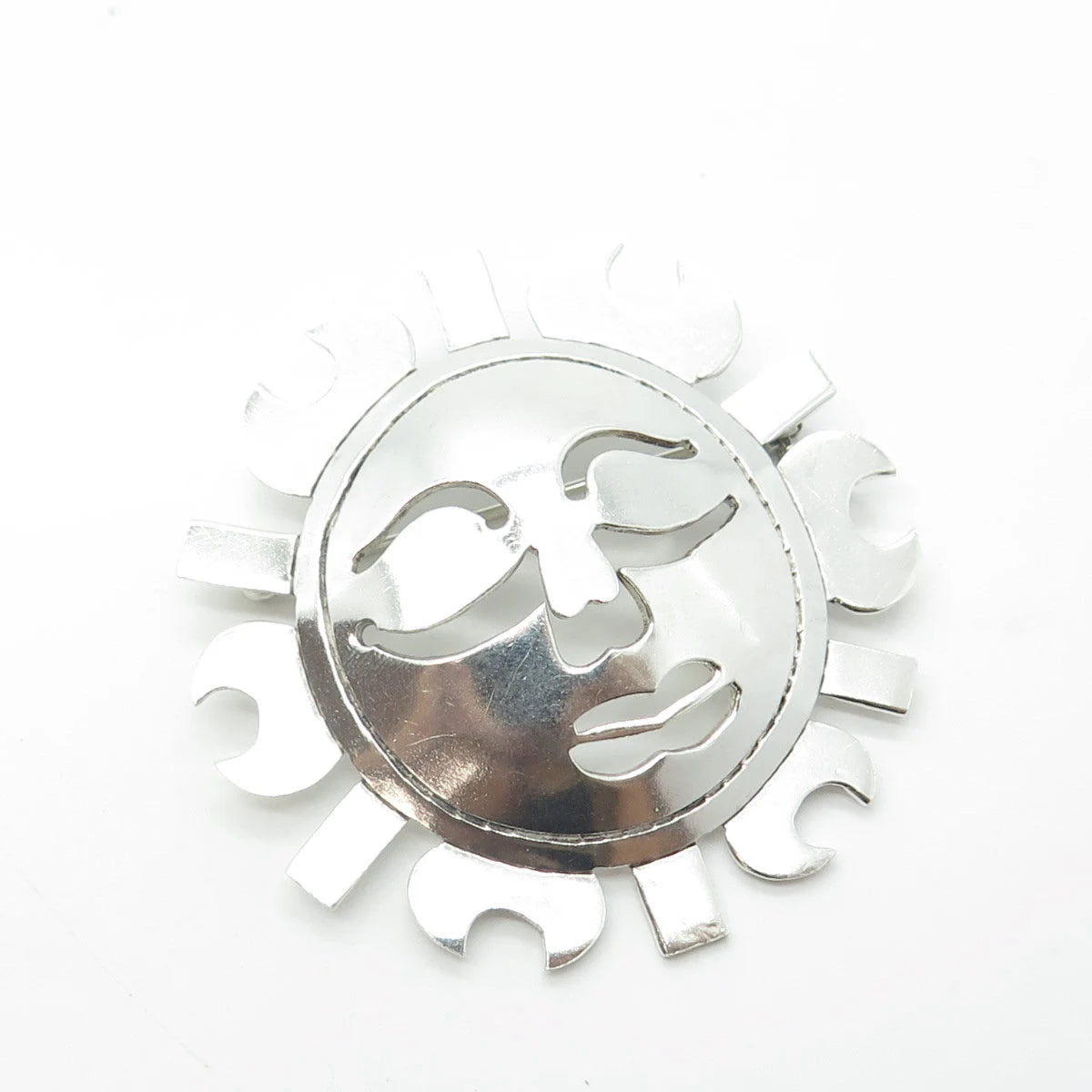 925 Sterling Silver Vintage Mexico Sun Face God Pin Brooch
