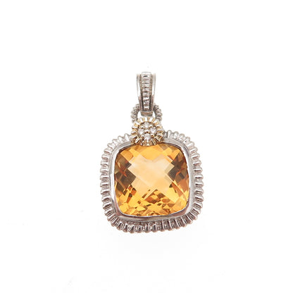 925 Sterling Silver 14K Gold Real Diamond & Citrine Charm Pendant