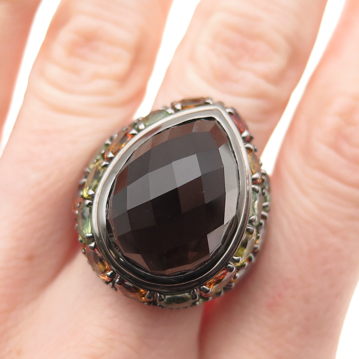 Sheridan Kennedy Sterling Black Rhodium Smoky Quartz & Sapphire Ring Size 10.25
