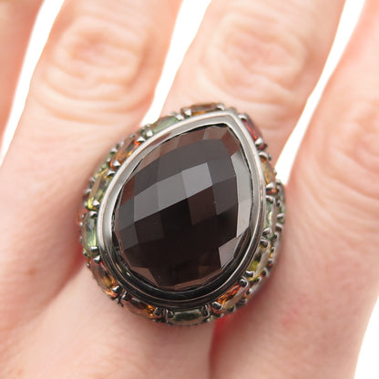 Sheridan Kennedy Sterling Black Rhodium Smoky Quartz & Sapphire Ring Size 10.25