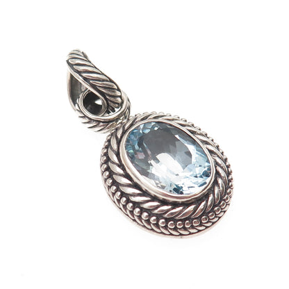 925 Sterling Silver Vintage Real Blue Topaz Modernist Oxidized Charm Pendant