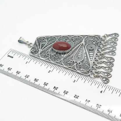 925 Sterling Silver Vintage Israel Real Carnelian Gemstone Filigree Pendant