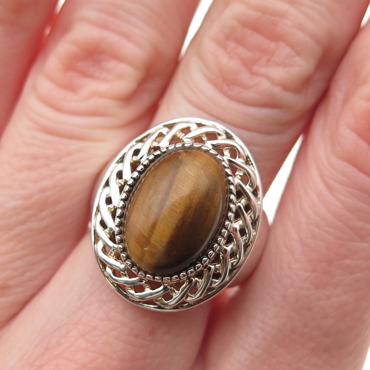 Badavici 925 Sterling Silver Vintage Real Tiger Eye Woven Ring Size 7.25