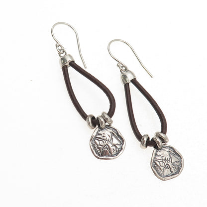 Silpada 925 Sterling Silver Vintage Brown Leather Prairie Girl Disc Earrings