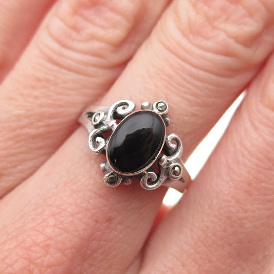 925 Sterling Silver Vintage Real Black Onyx & Marcasite Oxidized Ring Size 6.5