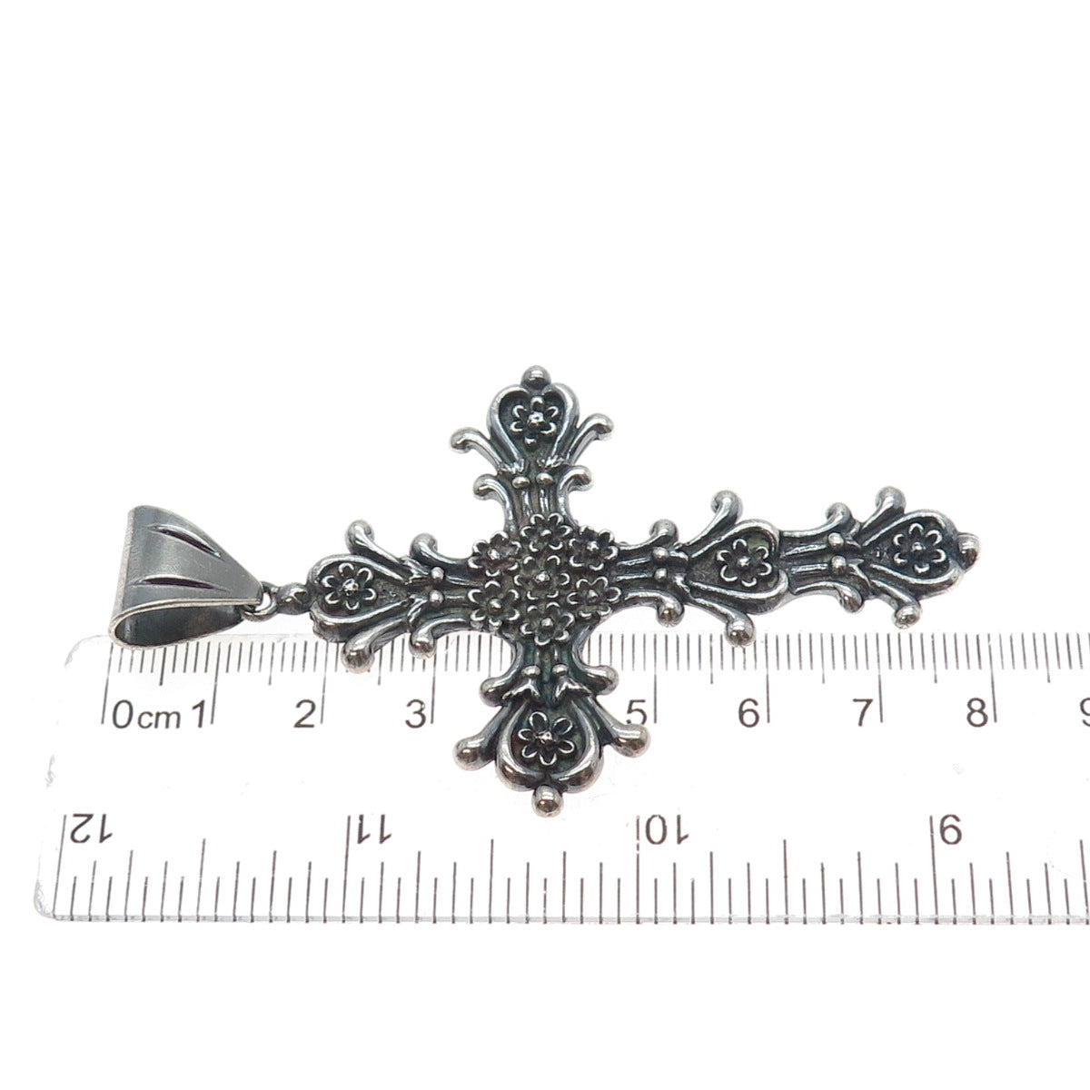 925 Sterling Silver Vintage Mexico Flower Cross Oxidized Charm Pendant