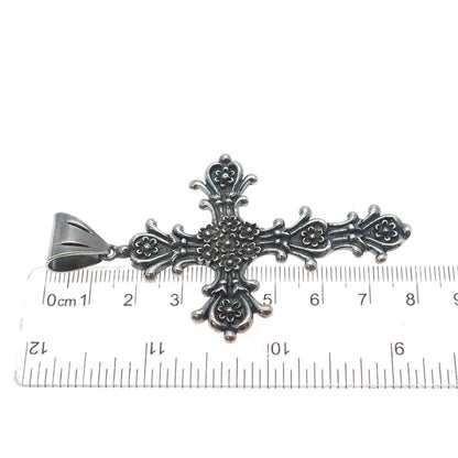 925 Sterling Silver Vintage Mexico Flower Cross Oxidized Charm Pendant