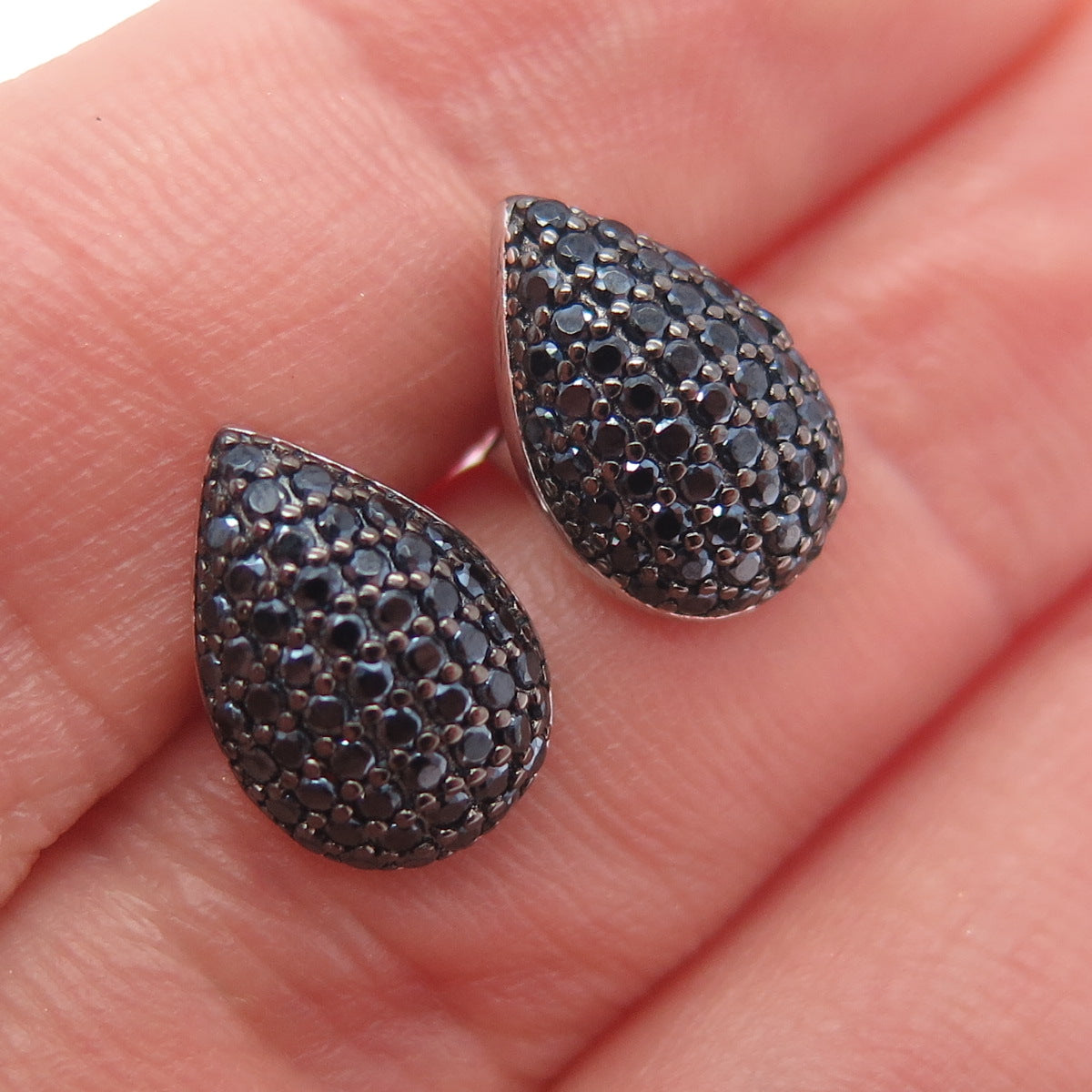 925 Sterling Silver Round-Cut Black C Z Teardrop Earrings