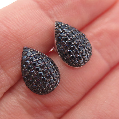 925 Sterling Silver Round-Cut Black C Z Teardrop Earrings