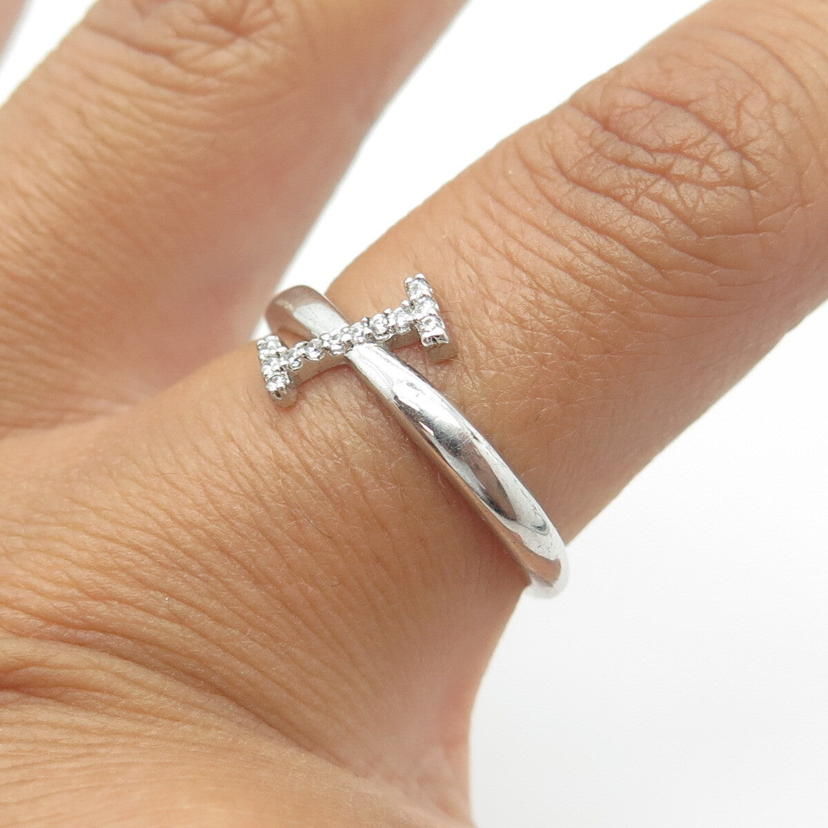 925 Sterling Silver White C Z Letter "I" Initial Ring Size 8