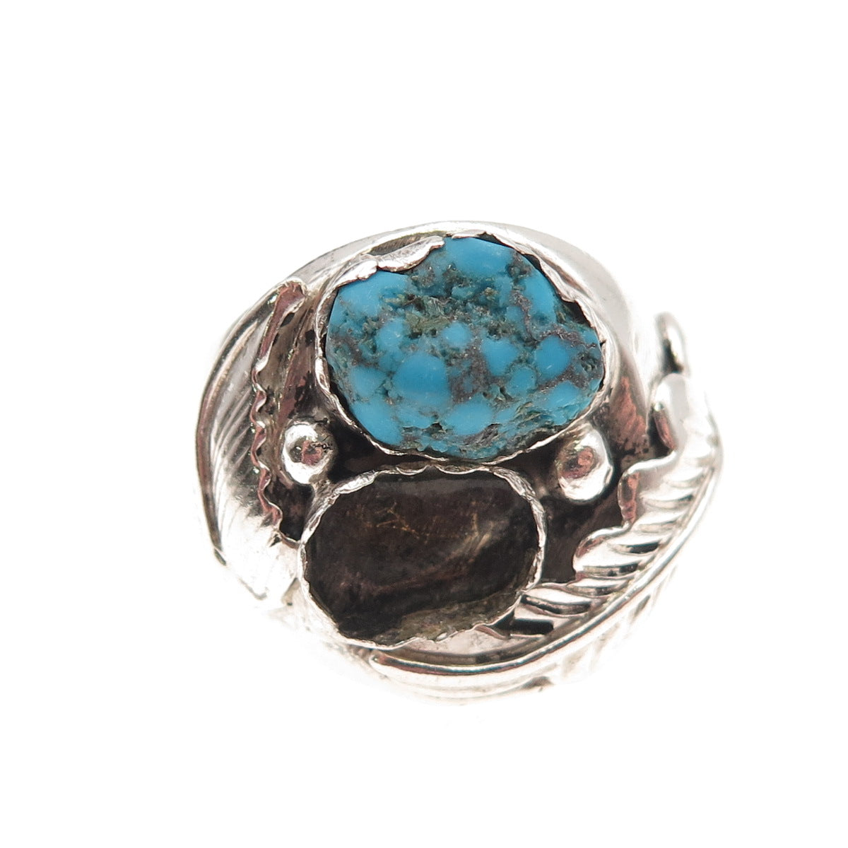 Old Pawn 925 Sterling Vintage Turquoise Feather Ring Size 13 (missing 1 stone)