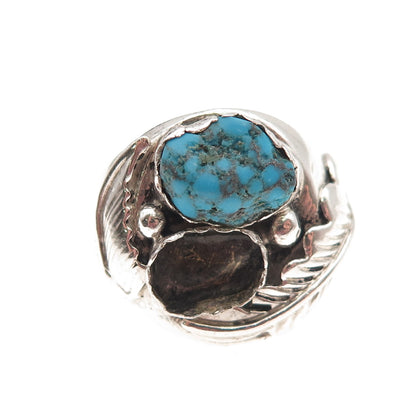 Old Pawn 925 Sterling Vintage Turquoise Feather Ring Size 13 (missing 1 stone)