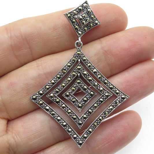 925 Sterling Silver Vintage Real Marcasite Rhombus Oxidized Pendant