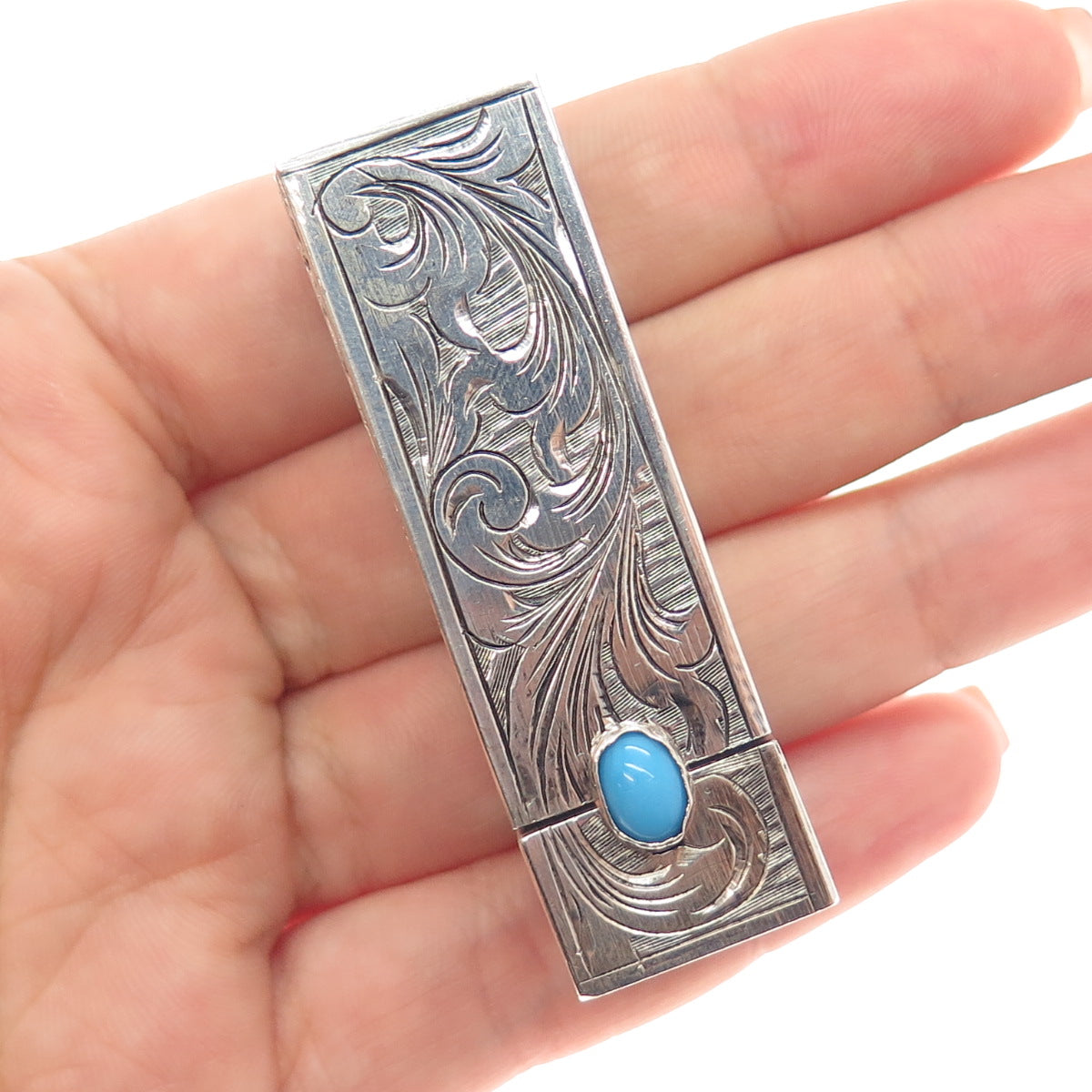 800 Silver Antique Art Deco Real Turquoise Engraved Tube Slide Lipstick Case