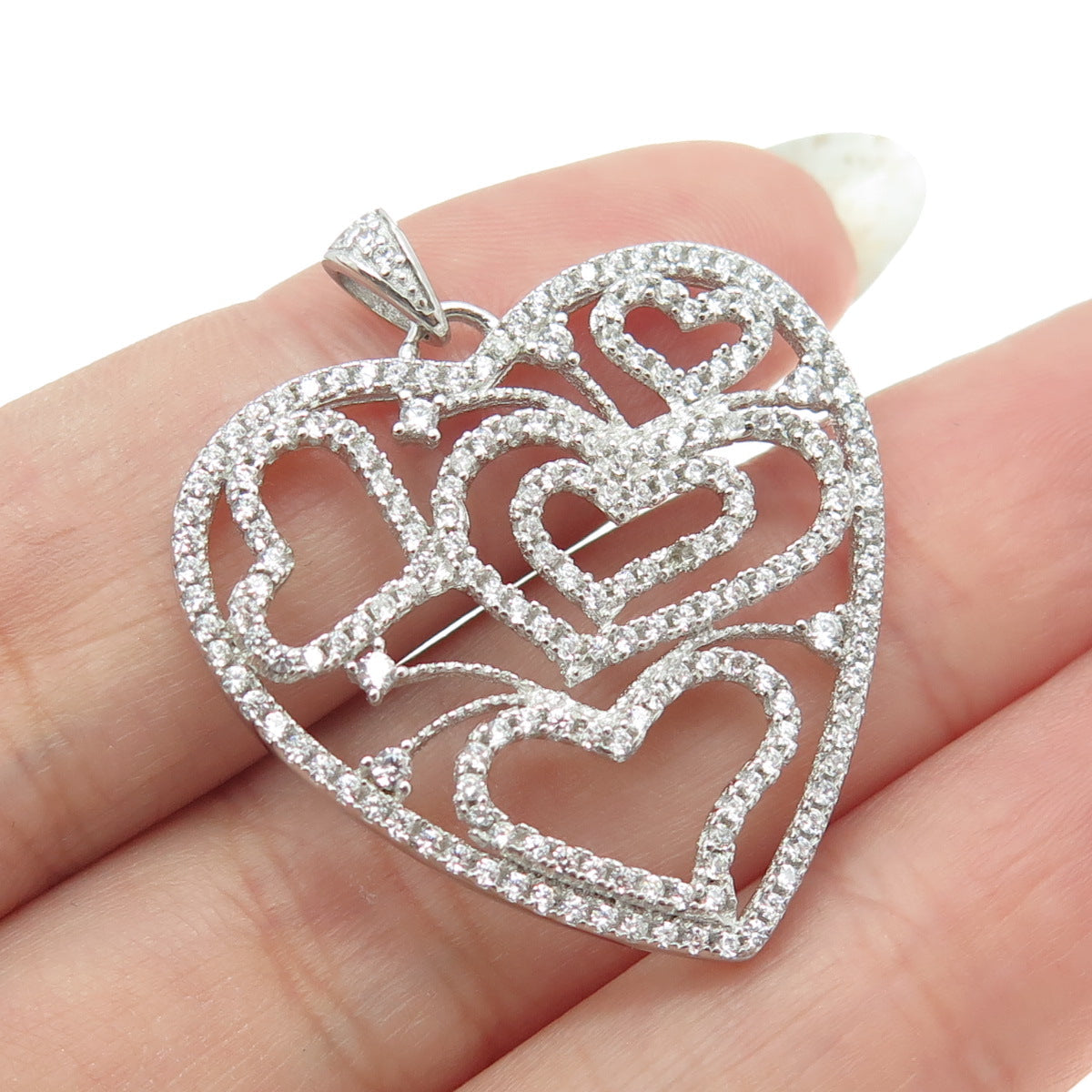 925 Sterling Silver Round-Cut C Z Multi-Heart Pendant