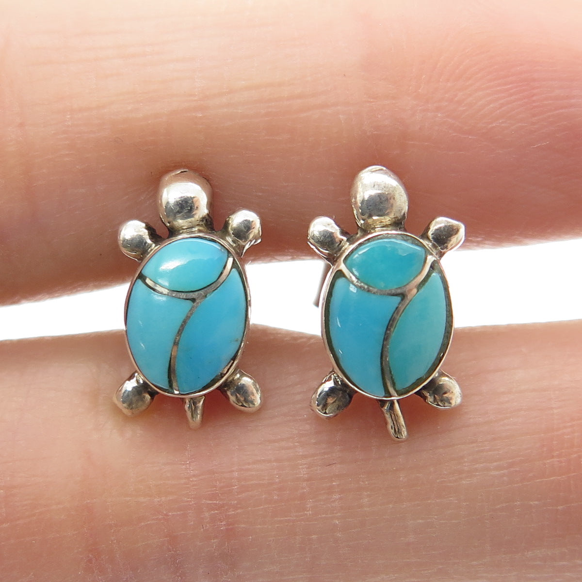 Old Pawn 925 Sterling Silver Vintage Real Bisbee Turquoise Turtle Stud Earrings