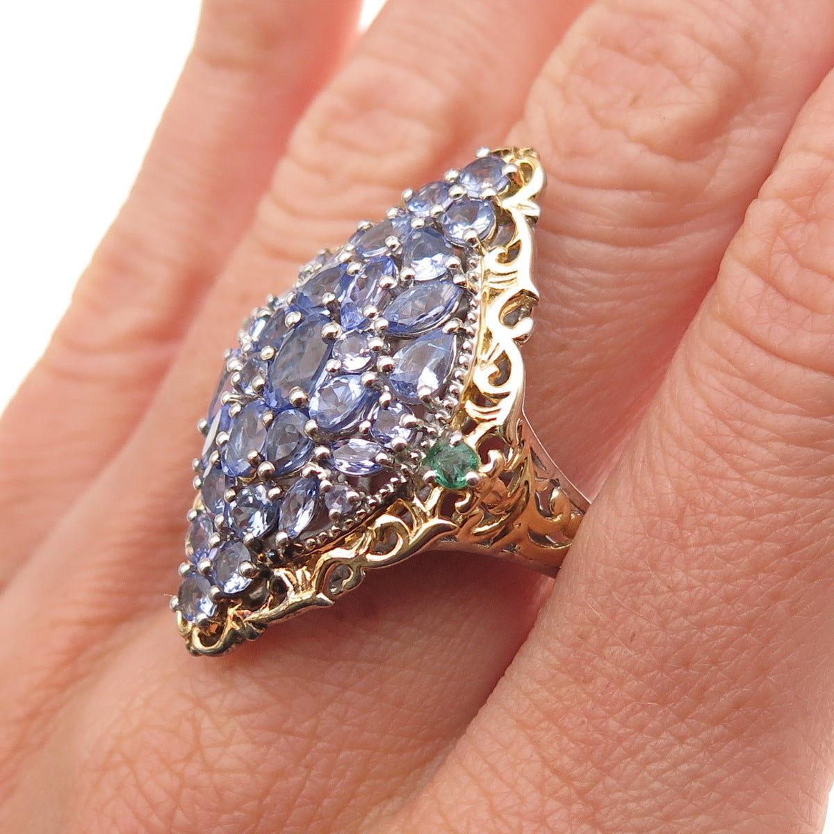 Chuck Clemency 925 Sterling Silver 2-Tone Real Tanzanite & Emerald Ring Size 8.5