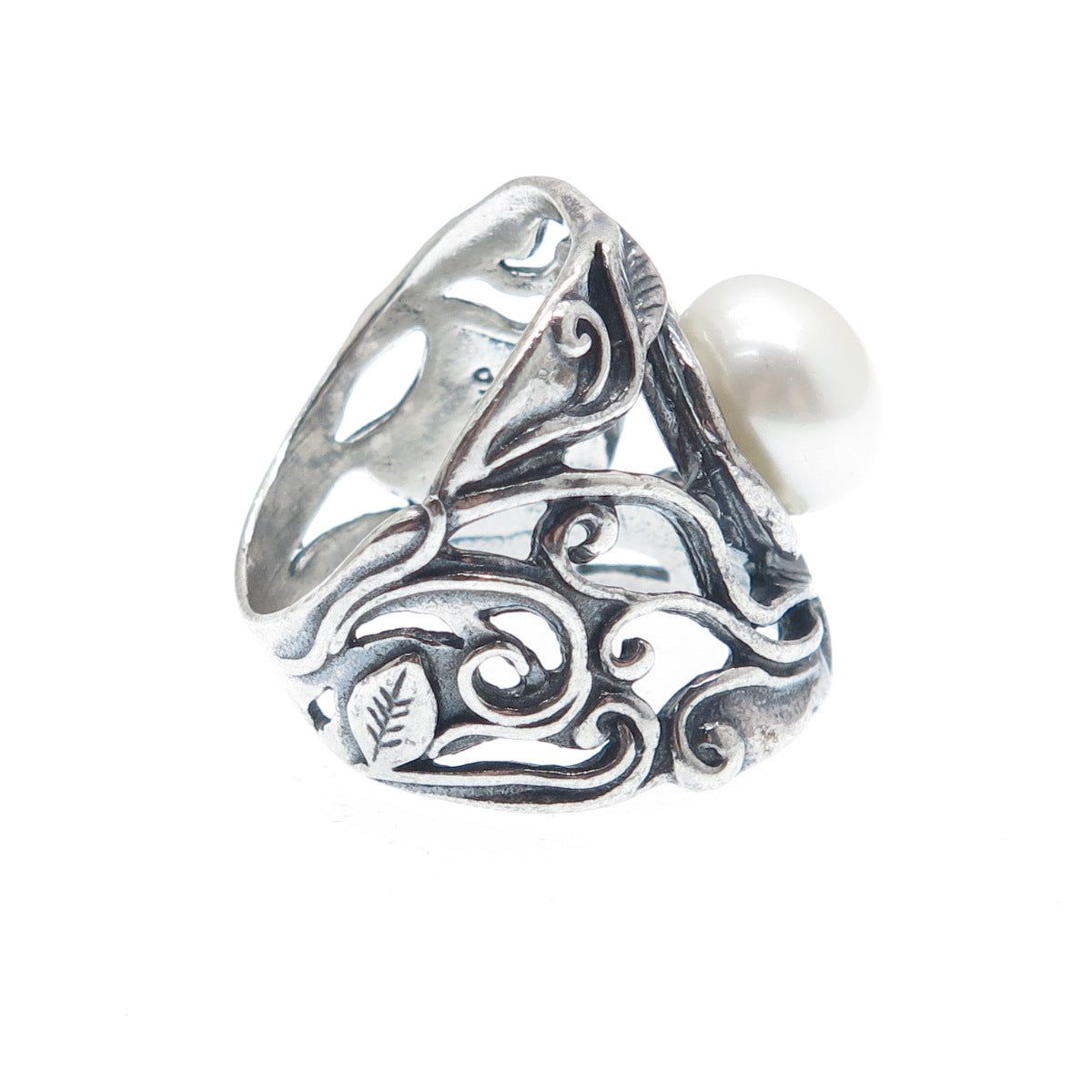 DIDAE Sterling Silver Vintage Israel Real Pearl Modernist Oxidized Ring Size 7