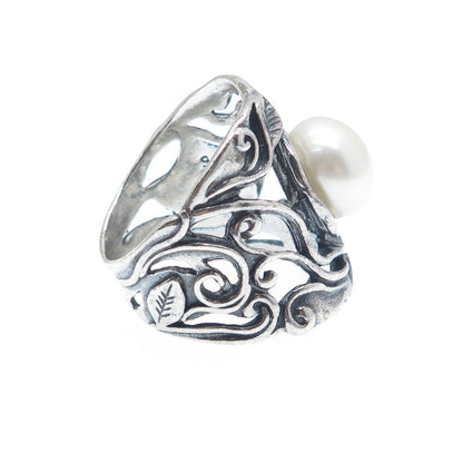 DIDAE Sterling Silver Vintage Israel Real Pearl Modernist Oxidized Ring Size 7