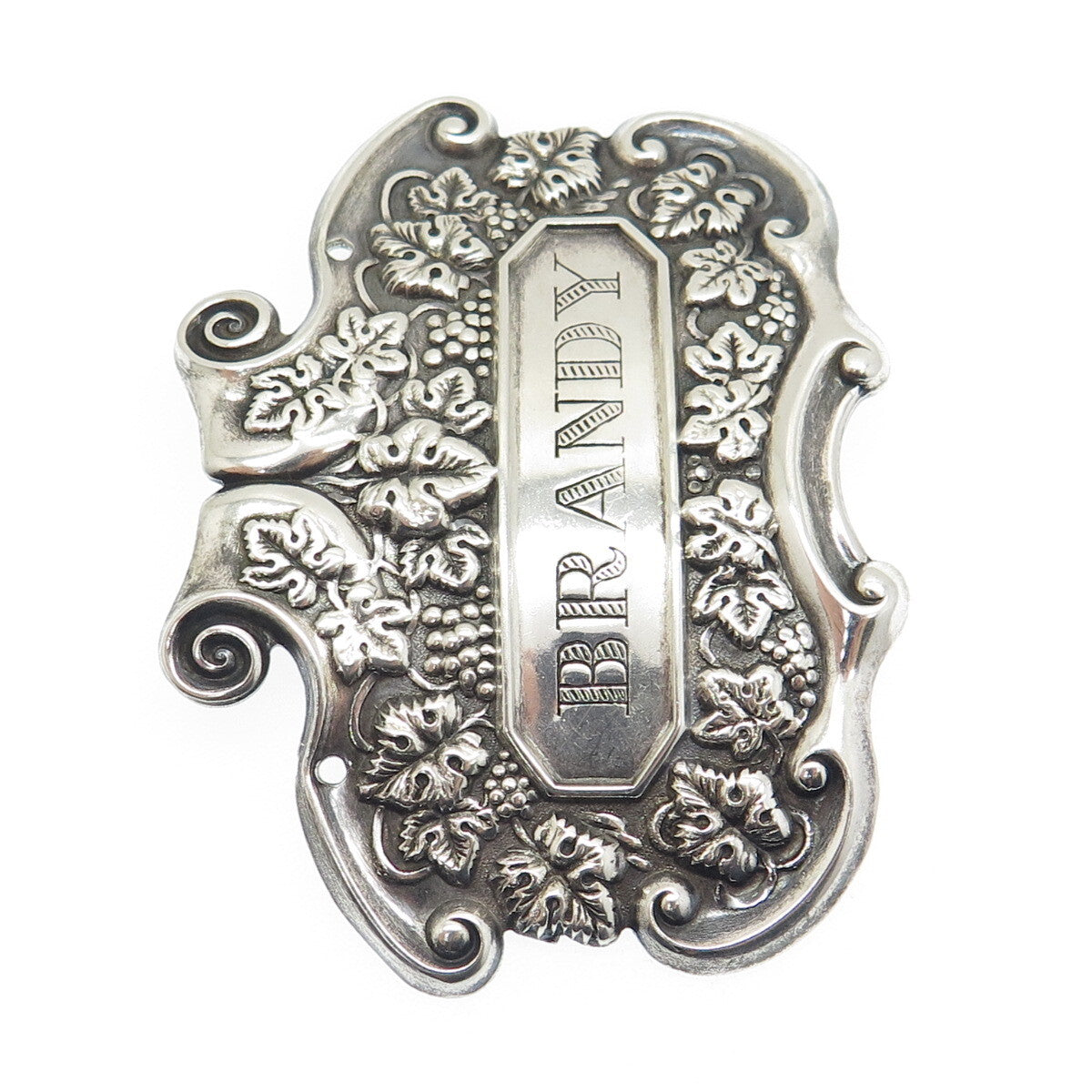 925 Sterling Silver Antique Art Deco "Brandy" Repousse Bottle Tag Plate #351