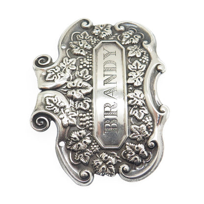 925 Sterling Silver Antique Art Deco "Brandy" Repousse Bottle Tag Plate #351