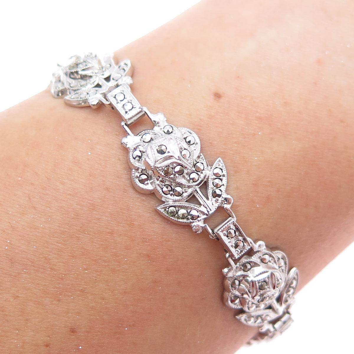 925 Sterling Silver Antique Real Marcasite Rose Bracelet 7" (missing 1 stone)