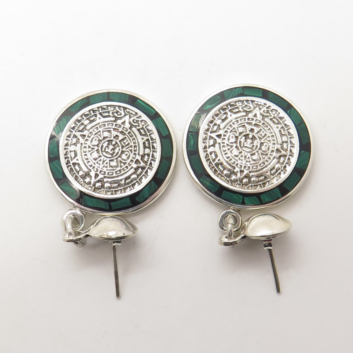 925 Sterling Silver Vintage Mexico Malachite Gem Inlay Aztec Calendar Earrings