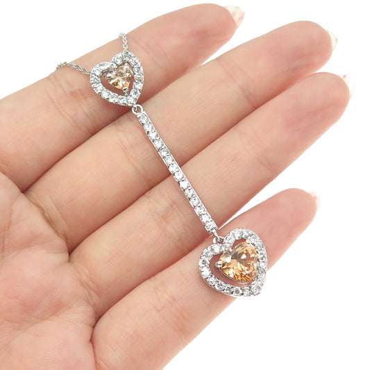 925 Sterling Silver Heart & Round-Cut Champagne White C Z Chain Necklace 18"